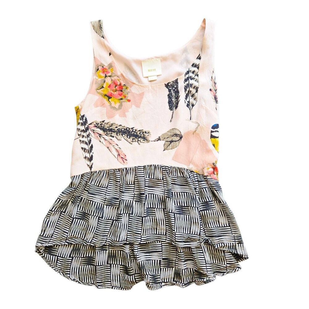 Maeve ANTHROPOLGIE Peplum Top Sz. 4 Side Zip Birds Feathers Romantic Spring